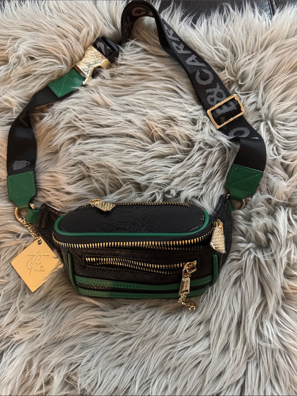 Black Textured Crossbody Belt Bag with Green Trim
